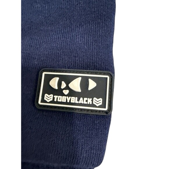TOBY BLACK Navy Longline Zip-Up Hoodie Dress #MEOW Graphic Patch Sweatshirt M - Picture 4 of 12